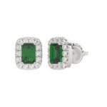 18K WHITE GOLD 7/8CT ROUND/EMERALD DIAMOND LADIES EARRINGS(COLOR STONE GREEN EMERALD DIAMOND 5/8CT) - Image 2