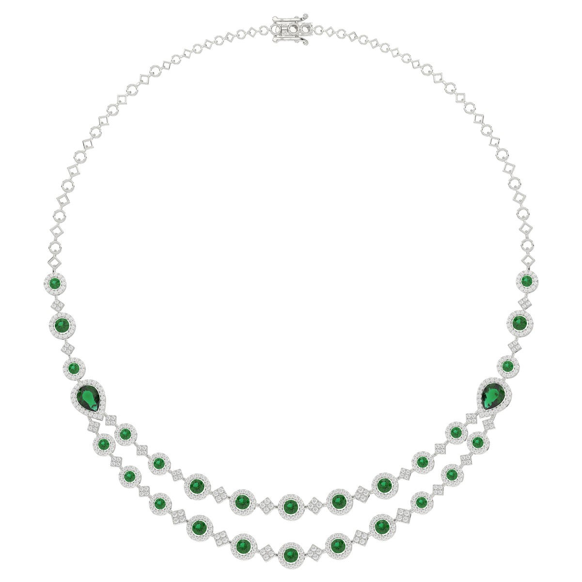 19224242_VA20283W-1201x1201.jpg 18K WHITE GOLD 8 1/5CT ROUND/PEAR DIAMOND LADIES NECKLACE(COLOR STONE GREEN EMERALD PEAR DIAMOND 7/8CT/ROUND DIAMOND 3 7/8CT) - Image 1