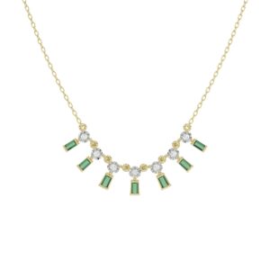 18K YELLOW GOLD 1/3CT ROUND/BAGUETTE DIAMOND LADIES NECKLACE(COLOR STONE GREEN EMERALD DIAMOND 1/5CT)