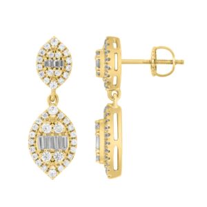 18K YELLOW GOLD 3/4CT ROUND/BAGUETTE DIAMOND LADIES EARRINGS