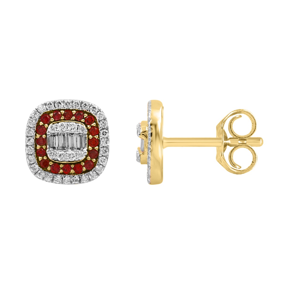 19224360_VA24106Y-1201x1201.jpg 18K YELLOW GOLD 7/8CT ROUND/BAGUETTE DIAMOND LADIES EARRINGS(COLOR STONE ROUND RUBY DIAMOND 1/2CT) - Image 1