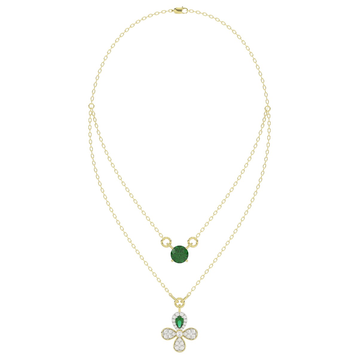 19224599_VA21043Y-1201x1201.jpg 18K YELLOW GOLD 2 1/2CT ROUND/PEAR DIAMOND LADIES NECKLACE(COLOR STONE GREEN EMERALD PEAR DIAMOND 1/4CT/ROUND DIAMOND 1 3/4CT) - Image 1