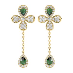 18K YELLOW GOLD 2 1/4CT ROUND/PEAR DIAMOND LADIES EARRINGS(COLOR STONE PEAR GREEN EMERALD DIAMOND 1 1/4CT)