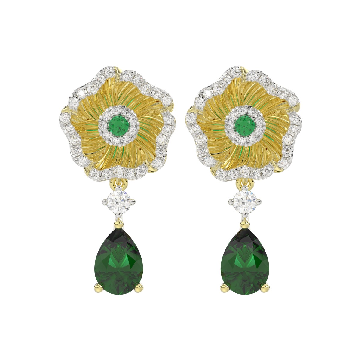 19224605_VA21037Y-1201x1201.jpg 18K YELLOW GOLD 2CT ROUND/PEAR DIAMOND LADIES EARRINGS(COLOR STONE GREEN EMERALD ROUND DIAMOND 1/15CT / PEAR DIAMOND 1 3/8CT) - Image 1