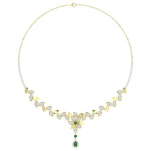 18K YELLOW GOLD 3 1/5CT ROUND/EMERALD/PEAR DIAMOND LADIES NECKLACE(COLOR STONE GREEN EMERALD/ROUND DIAMOND 1/4CT/PEAR DIAMOND 1/2CT)
