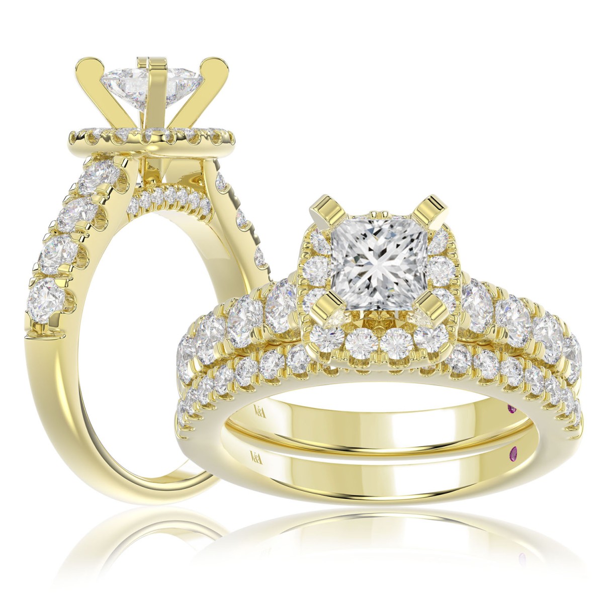 19225444_VA16340Y-1201x1201.jpg 14K YELLOW GOLD 2 1/4CT ROUND/PRINCESS DIAMOND LADIES BRIDAL SET(CENTER STONE PRINCESS DIAMOND 3/4CT) - Image 1
