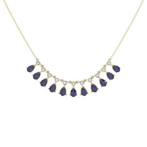 18K YELLOW GOLD 2 7/8CT ROUND/PEAR DIAMOND LADIES NECKLACE(COLOR STONE PEAR SAPPHIRE DIAMOND 2 7/8CT)