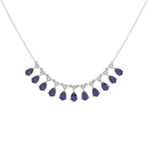 18K WHITE GOLD 2 7/8CT ROUND/PEAR DIAMOND LADIES NECKLACE(COLOR STONE PEAR SAPPHIRE DIAMOND 2 7/8CT)