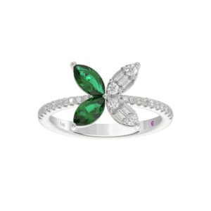 14K WHITE GOLD 1 7/8CT ROUND/BAGUETTE/MARQUISE DIAMOND LADIES FASHION RING(COLOR STONE MARQUISE GREEN EMERALD DIAMOND 1 5/8 CT)
