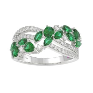 14K WHITE GOLD 1 7/8CT ROUND/MARQUISE/PEAR DIAMOND LADIES FASHION RING( COLOR STONE MARQUISE GREEN EMERALD DIAMOND/PEAR 1.45CT/ 12 STONE)