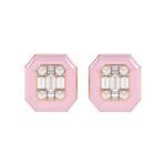 18K ROSE GOLD 1/5CT ROUND/BAGUETTE DIAMOND LADIES EARRINGS (AURORA PINK ENAMEL)