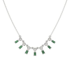 14K WHITE GOLD 3/8CT ROUND/BAGUETTE/PINK SAPPHIRE DIAMOND LADIES NECKLACE (EMERALD DIAMOND 1/3CT)