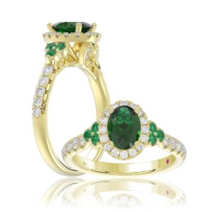 14K YELLOW GOLD 1 3/8CT ROUND/OVAL DIAMOND LADIES FASHION RING(COLOR STONE OVAL GREEN EMERALD DIAMOND 1CT)