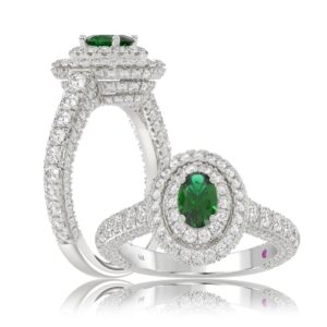 18K WHITE GOLD 2 1/3CT ROUND/OVAL DIAMOND LADIES RING(COLOR STONE OVAL GREEN EMERALD DIAMOND 7/8CT)