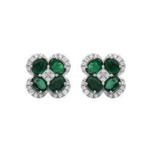 18K WHITE GOLD 2 1/4CT ROUND/OVAL DIAMOND LADIES EARRINGS(COLOR STONE OVAL GREEN EMERALD DIAMOND 2CT)