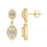 18K YELLOW GOLD 3/4CT ROUND/BAGUETTE DIAMOND LADIES EARRINGS