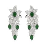18K WHITE GOLD 3 5/8CT ROUND/OVAL/PEAR DIAMOND LADIES EARRINGS(COLOR STONE GREEN EMERALD OVAL 1CT/PEAR DIAMOND 1 1/2CT)