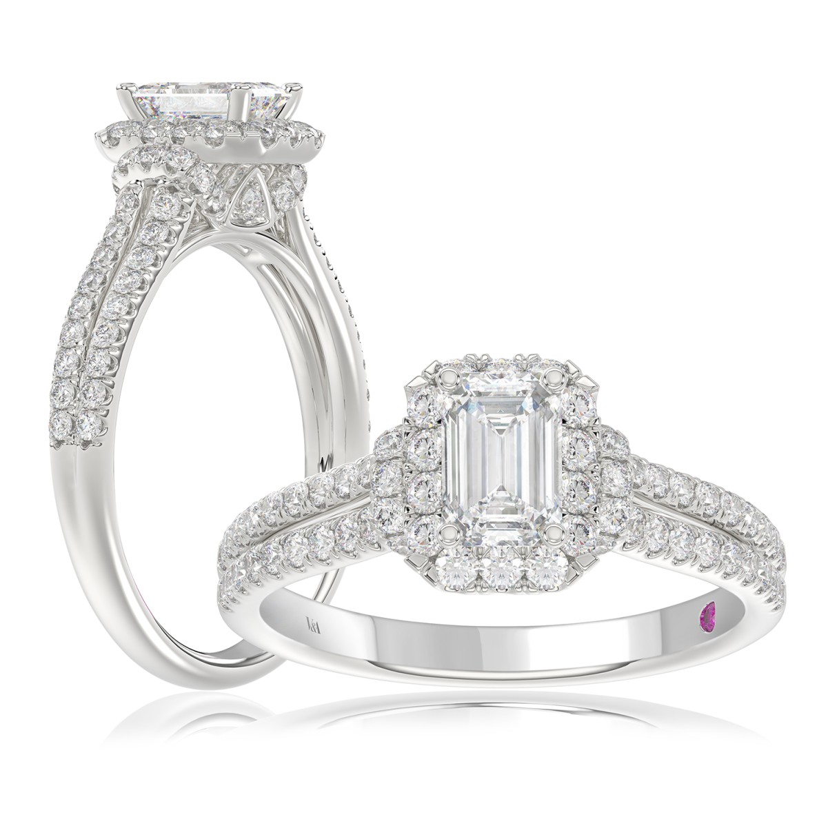 19260560_VA22679W-1201x1201.jpg 18K WHITE GOLD 1 1/4CT ROUND/EMERALD DIAMOND LADIES RING(CENTER STONE EMERALD DIAMOND 3/4CT) - Image 1