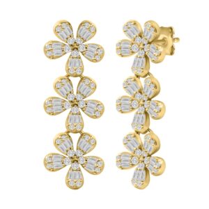 18K YELLOW GOLD 7/8CT ROUND/BAGUETTE DIAMOND LADIES EARRINGS