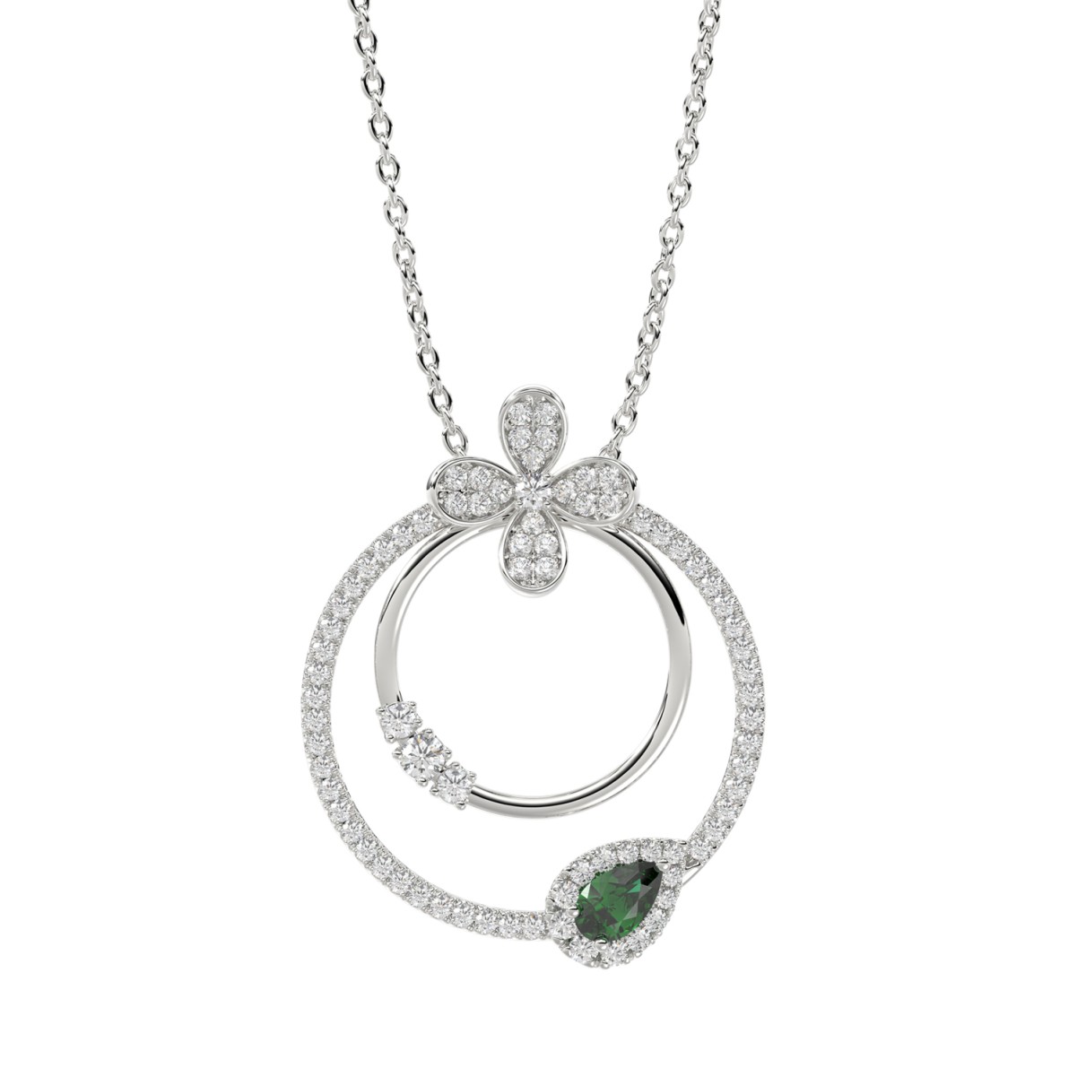 20342709_VA18840W-1201x1201.jpg 18K WHITE GOLD 7/8CT ROUND/PEAR DIAMOND LADIES PENDANT WITH CHAIN(COLOR STONE PEAR GREEN EMERALD DIAMOND 1/5CT) - Image 1