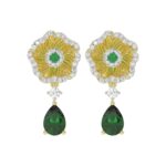 18K YELLOW GOLD 2CT ROUND/PEAR DIAMOND LADIES EARRINGS(COLOR STONE GREEN EMERALD ROUND DIAMOND 1/15CT / PEAR DIAMOND 1 3/8CT)