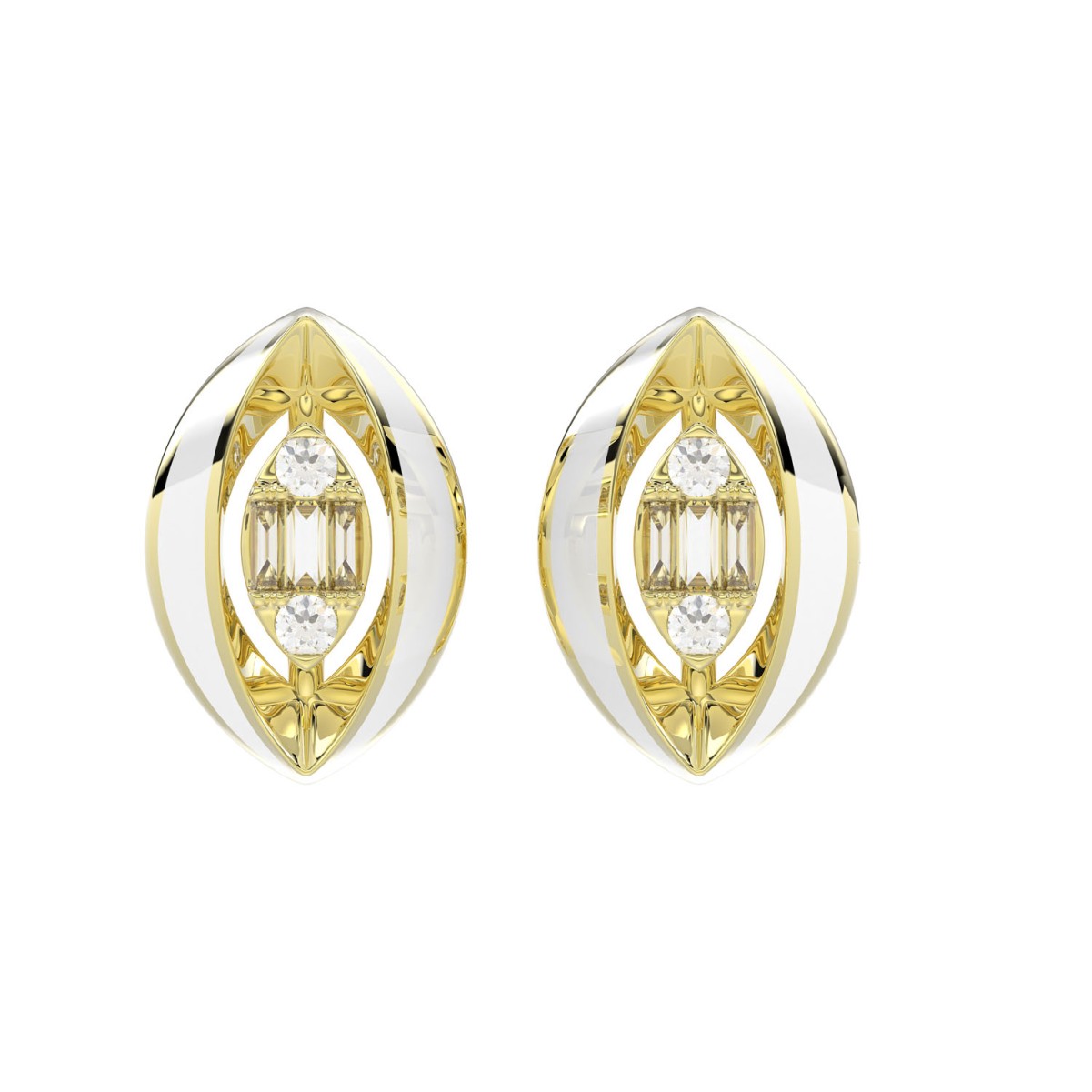 20389106_VA23766Y-WIT-1201x1201.jpg 18K YELLOW GOLD 1/10CT ROUND/BAGUETTE DIAMOND LADIES EARRINGS (SOFT WHITE ENAMEL) - Image 1
