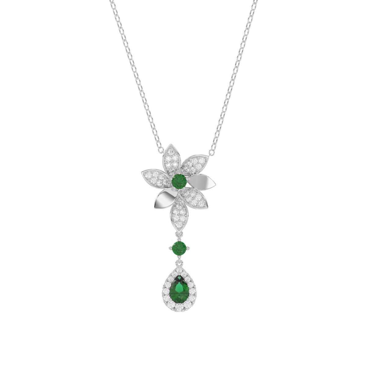 20750860_VA21026W-1201x1201.jpg 18K WHITE GOLD 1 1/6CT ROUND/EMERALD/PEAR DIAMOND LADIES NECKLACE(COLOR STONE GREEN EMERALD ROUND DIAMOND 1/4CT/PEAR DIAMOND 1/2CT) - Image 1