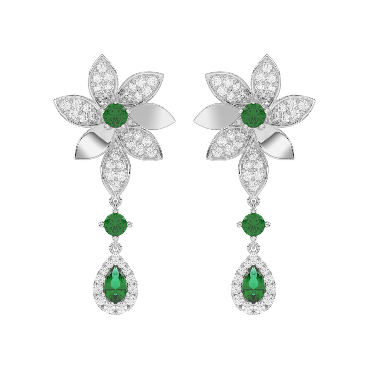 20750863_VA21023W-1201x1201.jpg 18K WHITE GOLD 1 3/4CT ROUND/PEAR DIAMOND LADIES EARRINGS(COLOR STONE GREEN EMERALD DIAMOND 1/2CT/PEAR DIAMOND 1/2CT) - Image 1
