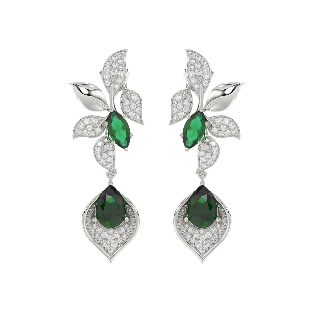 20750896_VA21246W-1201x1201.jpg 18K WHITE GOLD 4 7/8CT ROUND/PEAR/MARQUISE DIAMOND LADIES EARRINGS(COLOR STONE GREEN EMERALD PEAR DIAMOND 4 5/8CT/MARQUISE DIAMOND 1 1/5CT) - Image 1
