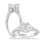 14K WHITE GOLD 1/4CT ROUND/BAGUETTE DIAMOND LADIES SEMI MOUNT RING (CENTER STONE EMERALD DIAMOND 1CT)