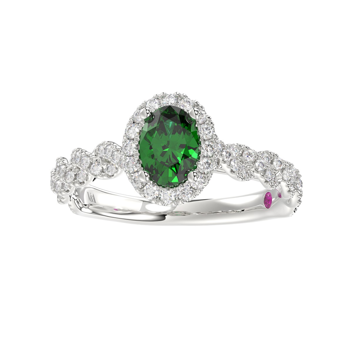 20790326_VA21706W-1201x1201.jpg 18K WHITE GOLD 1 1/5CT ROUND/OVAL DIAMOND LADIES RING(COLOR STONE OVAL GREEN EMERALD DIAMOND 3/4CT) - Image 1