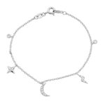 Women’S Sterling Silver White Bracelet ’ 0.20Ct Round Diamonds, Stars & Moon Design