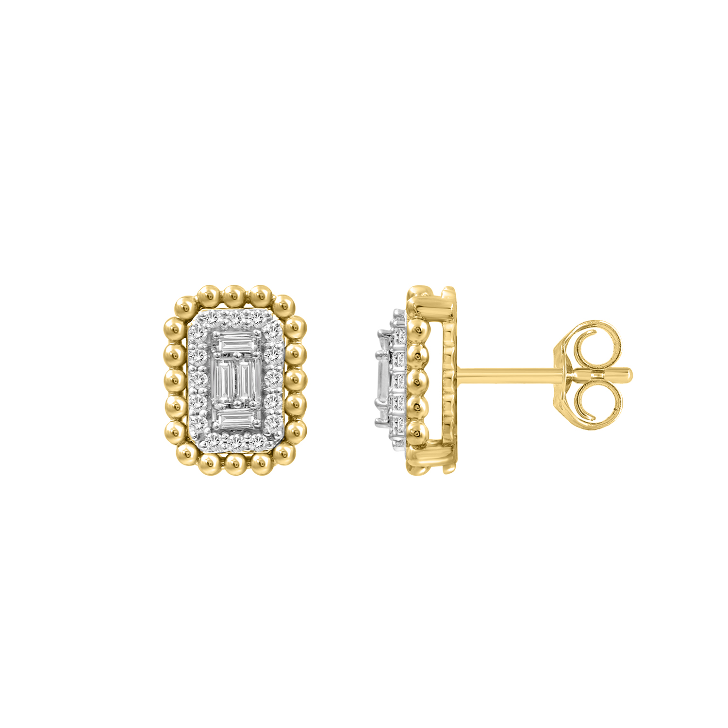 328867Y-10K.jpg Elegant 0.25Ct Round Diamond Halo Earring With Chain For Women Baguette Center Cluster In 10K Yellow Gold - Image 1