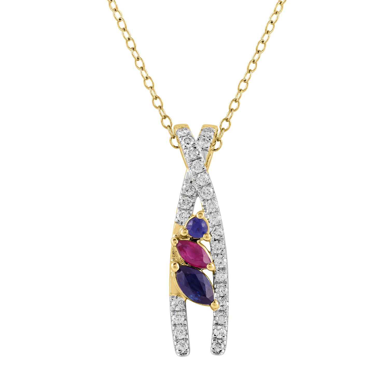 330024Y.jpg LADIES PENDANT WITH CHAIN 0.62CT ROUND/BLUE SAPPHIRE/RUBY DIAMOND DIAMOND 14K YELLOW GOLD (CENTER STONE MARQUISE/ROUND DIAMOND 0.50CT) - Image 1