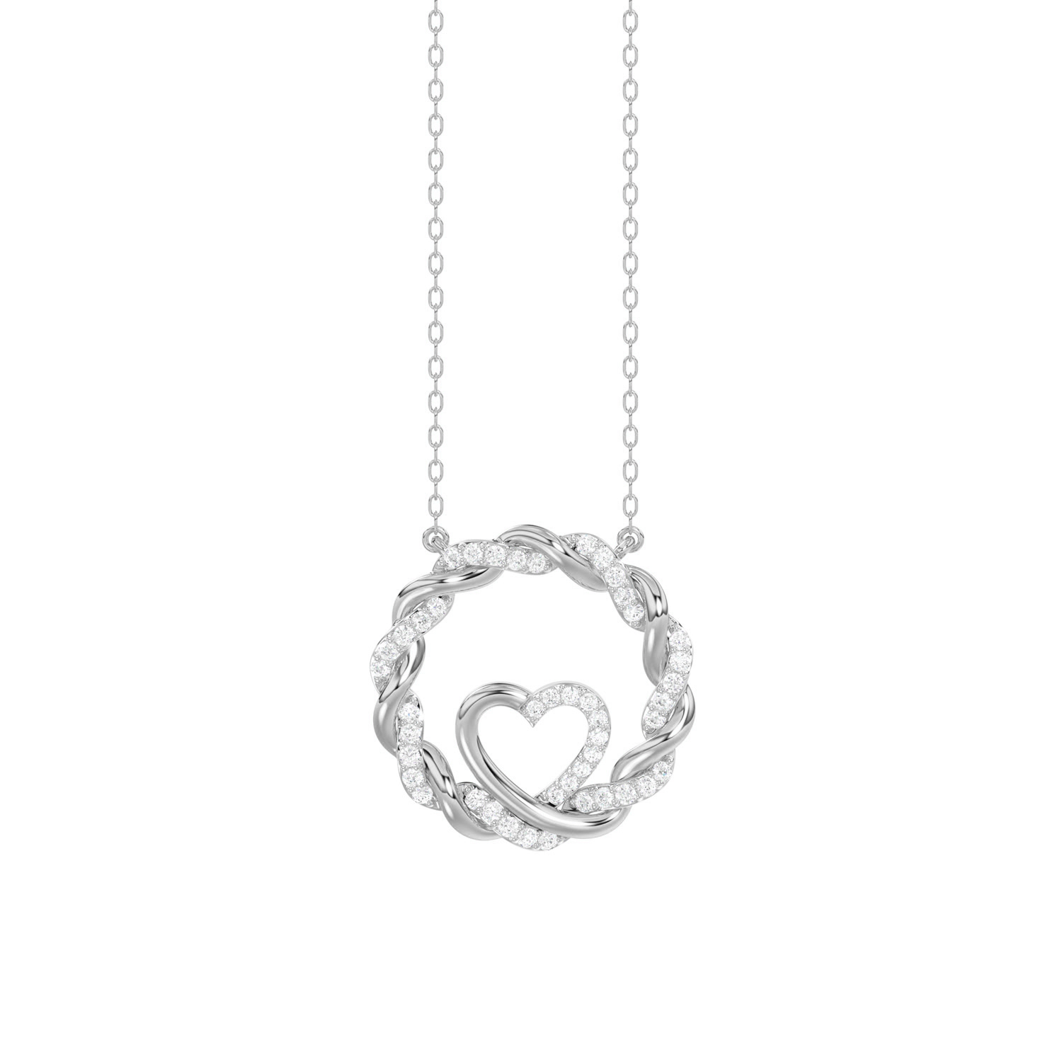 361784W.jpg ELEGANCE 10K WHITE GOLD 0.15CT TWISTED CIRCLE HEART & LADIES PENDANT ROUND DIAMOND WITH CHAIN - Image 1