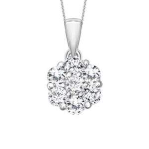 14K WHITE GOLD 1/6CT ROUND DIAMOND LADIES FLOWER PENDANT WITH CHAIN