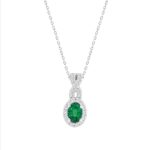 18K WHITE GOLD 3/4CT ROUND/OVAL DIAMOND LADIES PENDANT WITH CHAIN(COLOR STONE OVAL GREEN EMERALD DIAMOND 1/2CT)